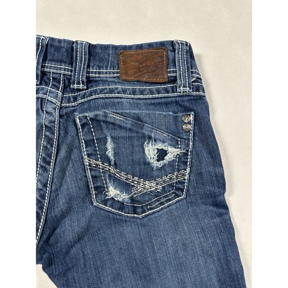 BKE Stella Flare Jeans Blue Distressed Low Rise Contrast Stitch Womens 26 Long - Picture 3 of 11